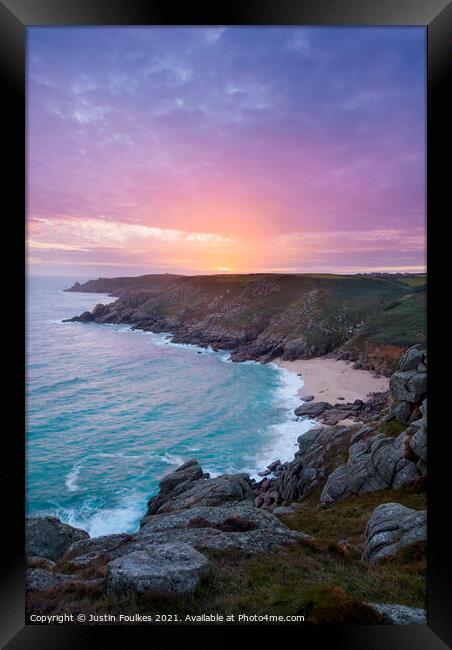 Porthchapel beach at sunset, Cornwall Framed Print by Justin Foulkes