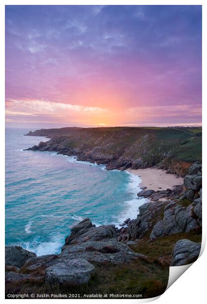Porthchapel beach at sunset, Cornwall Print by Justin Foulkes