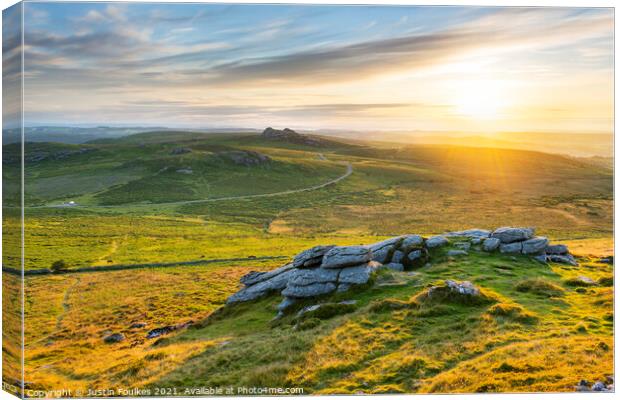 Haytor from Rippon Tor, at sunrise, Dartmoor Canvas Print by Justin Foulkes