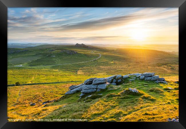 Haytor from Rippon Tor, at sunrise, Dartmoor Framed Print by Justin Foulkes