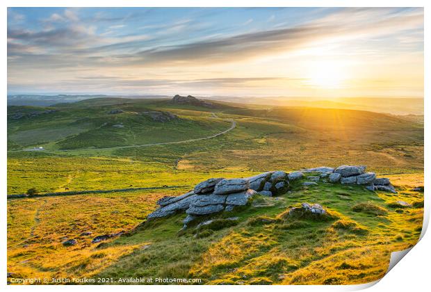 Haytor from Rippon Tor, at sunrise, Dartmoor Print by Justin Foulkes