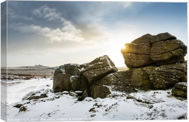 Winter at Bonehill Rocks, with Haytor beyond, Dart Canvas Print by Justin Foulkes