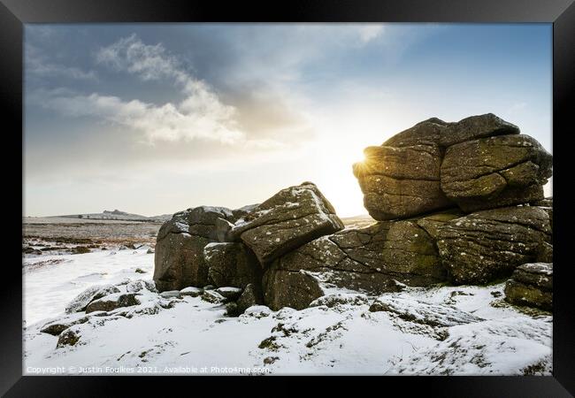 Winter at Bonehill Rocks, with Haytor beyond, Dart Framed Print by Justin Foulkes