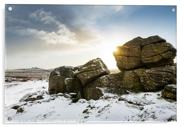Winter at Bonehill Rocks, with Haytor beyond, Dart Acrylic by Justin Foulkes