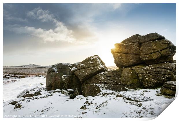 Winter at Bonehill Rocks, with Haytor beyond, Dart Print by Justin Foulkes