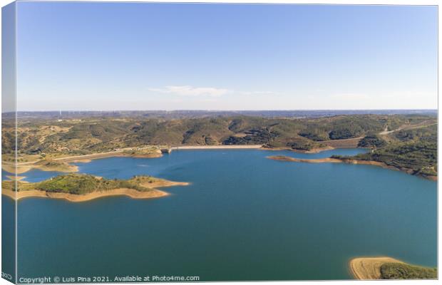 Aerial drone view of Barragem de Odeleite Dam reservoir in Alentejo, Portugal Canvas Print by Luis Pina