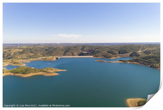 Aerial drone view of Barragem de Odeleite Dam reservoir in Alentejo, Portugal Print by Luis Pina