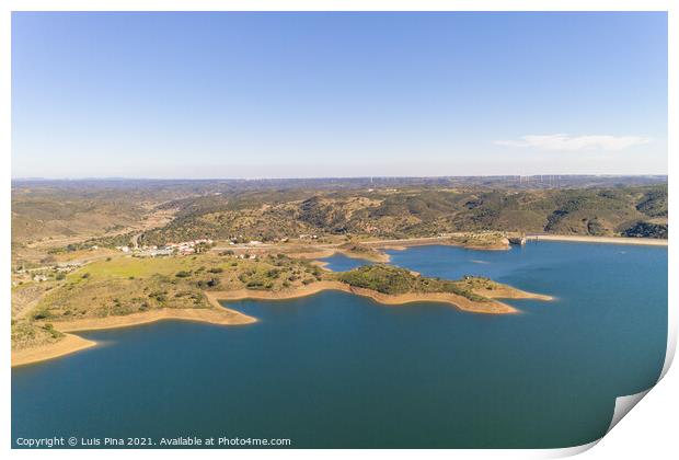 Aerial drone view of Barragem de Odeleite Dam reservoir in Alentejo, Portugal Print by Luis Pina