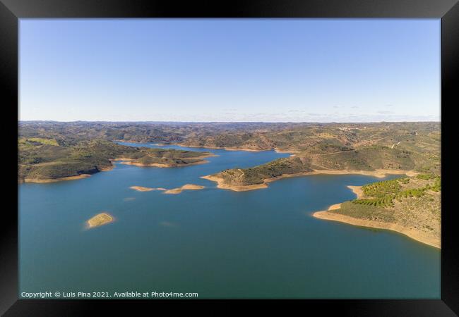 Aerial drone view of Barragem de Odeleite Dam reservoir in Alentejo, Portugal Framed Print by Luis Pina