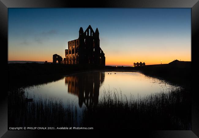 Whitby abbey sunset silhouette 533   Framed Print by PHILIP CHALK