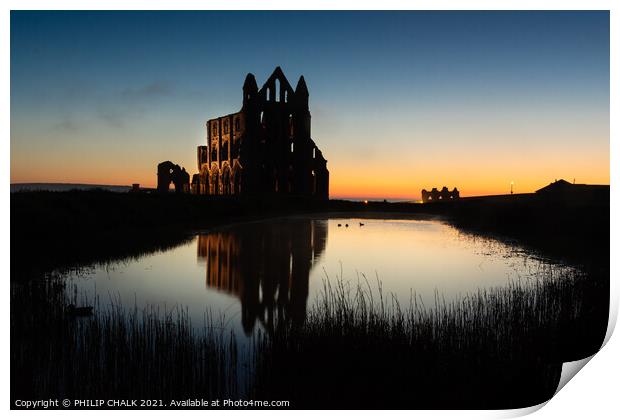Whitby abbey sunset silhouette 533   Print by PHILIP CHALK