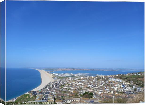 Chesil beach from Portland  Canvas Print by Les Schofield
