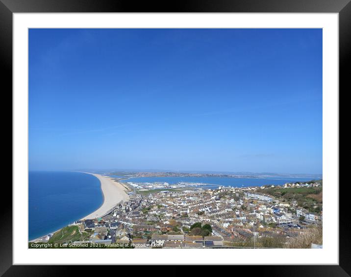 Chesil beach from Portland  Framed Mounted Print by Les Schofield