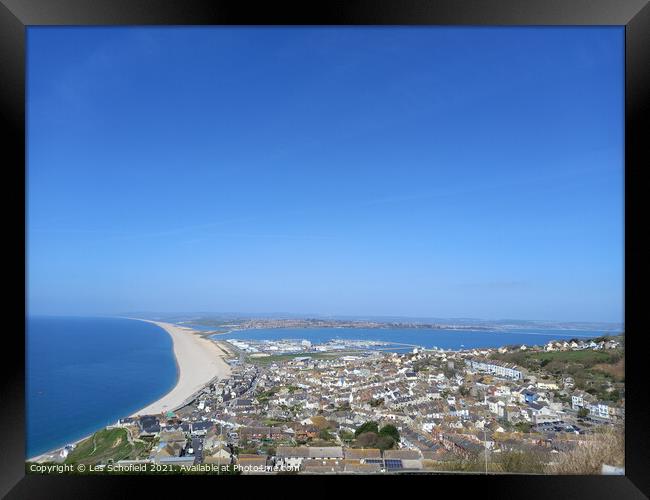 Chesil beach from Portland  Framed Print by Les Schofield