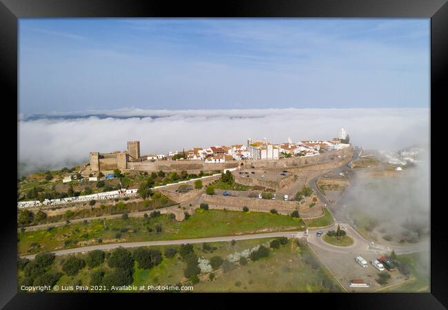 Monsaraz drone aerial view on the clouds in Alentejo, Portugal Framed Print by Luis Pina