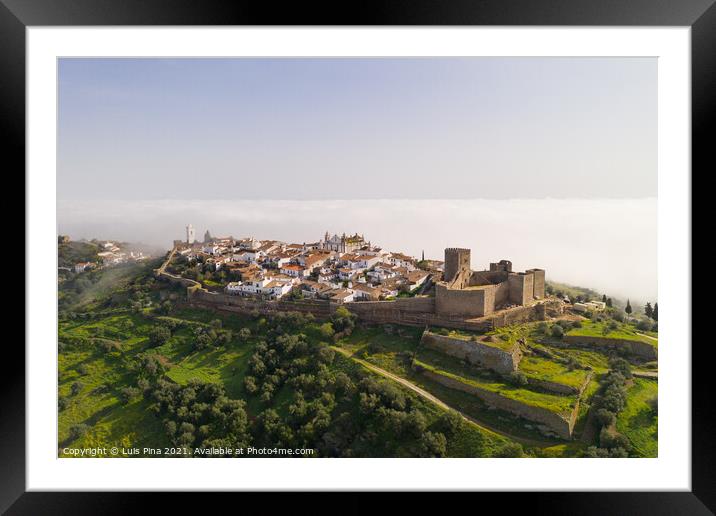 Monsaraz drone aerial view on the clouds in Alentejo, Portugal Framed Mounted Print by Luis Pina