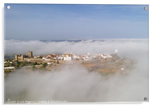 Monsaraz drone aerial view on the clouds in Alentejo, Portugal Acrylic by Luis Pina