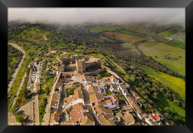 Monsaraz drone aerial view on the clouds in Alentejo, Portugal Framed Print by Luis Pina