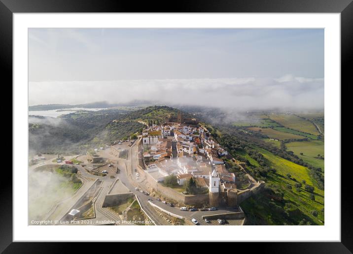 Monsaraz drone aerial view on the clouds in Alentejo, Portugal Framed Mounted Print by Luis Pina