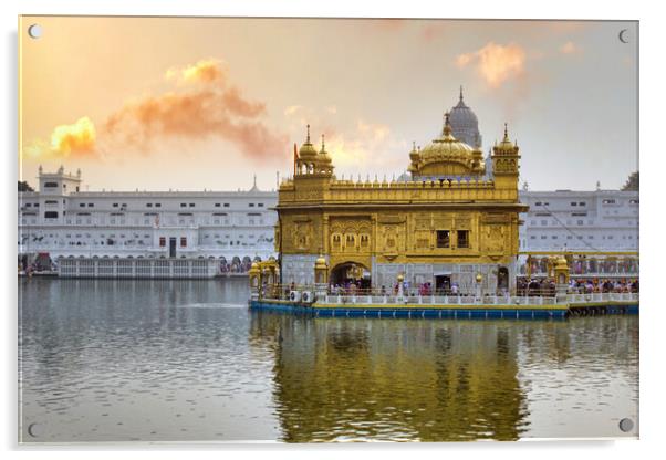 Amritsar, India: Wide angle shot of Harmindar Sahib, aka Golden Temple Amritsar. Religious place of the Sikhism. Sikh gurdwara in the holy pond during sunset sunrise Acrylic by Arpan Bhatia