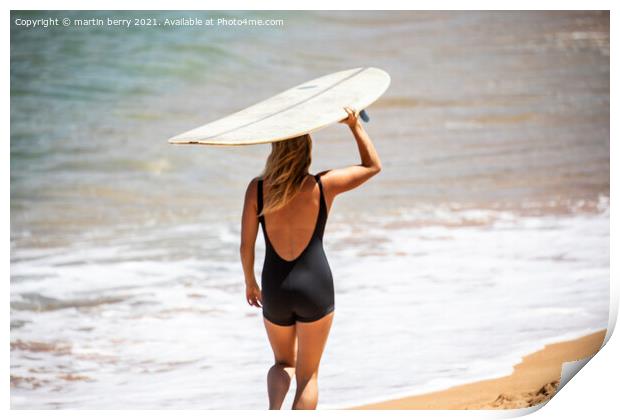 Woman Surfer carrying Surfboard Print by martin berry