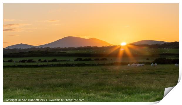 Sunset behind the Welsh Hills Print by Alan Dunnett
