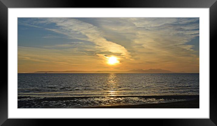 Ayr beach, sun going down behind Arran Framed Mounted Print by Allan Durward Photography