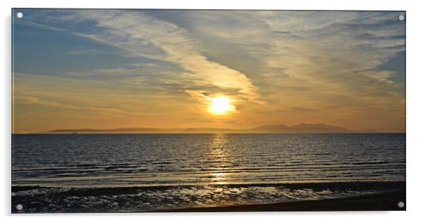 Ayr beach, sun going down behind Arran Acrylic by Allan Durward Photography
