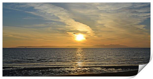 Ayr beach, sun going down behind Arran Print by Allan Durward Photography