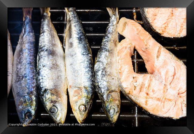 Healthy omega-3 proteins and fats from sardines and barbecued sa Framed Print by Joaquin Corbalan