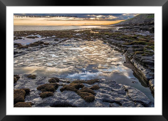 Cloud reflections seaside rock Dunraven Bay Framed Mounted Print by Nick Jenkins