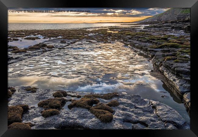 Cloud reflections seaside rock Dunraven Bay Framed Print by Nick Jenkins