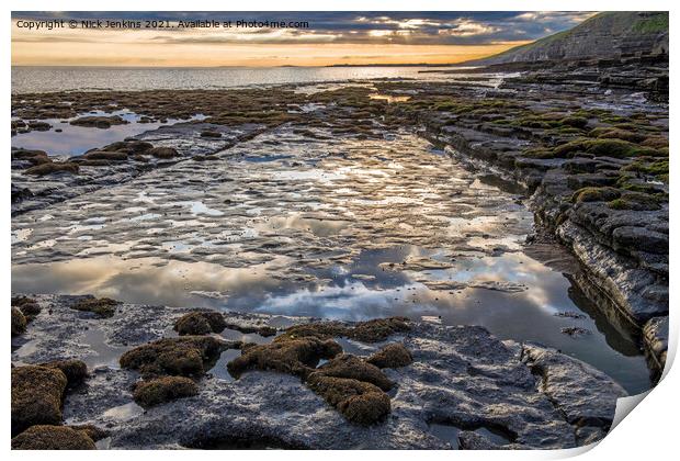 Cloud reflections seaside rock Dunraven Bay Print by Nick Jenkins