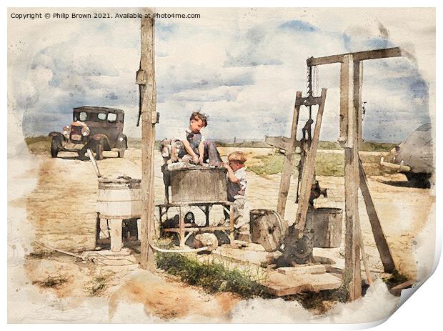 Children playing around old water pump in 1941 USA Print by Philip Brown