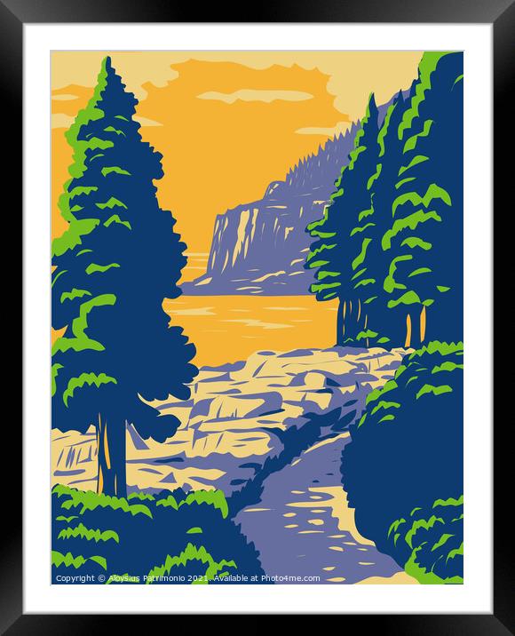 Ocean Path with the Otter Cliff in Acadia National Park on Mount Desert Island Maine United States WPA Poster Art Framed Mounted Print by Aloysius Patrimonio