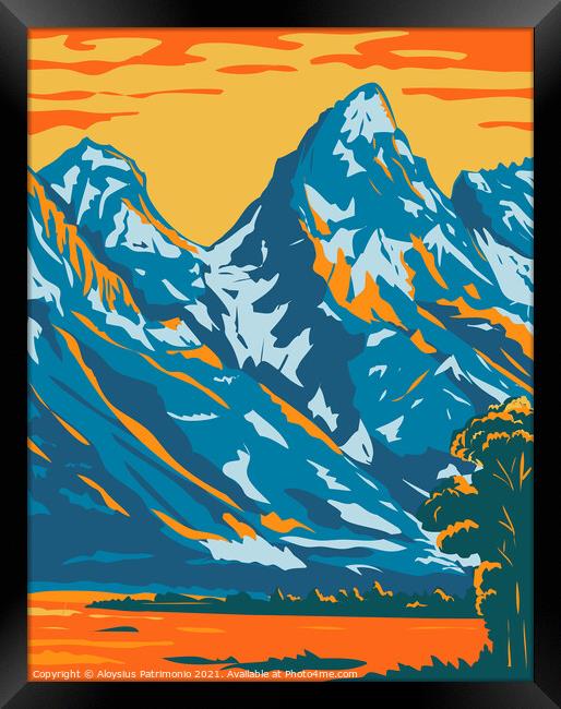 Snowcapped Peaks of Grand Teton National Park Located in Wyoming United States of America WPA Poster Art  Framed Print by Aloysius Patrimonio