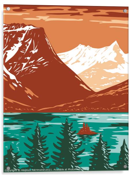 Saint Mary Lake in Glacier National Park located in Montana United States of America WPA Poster Art Acrylic by Aloysius Patrimonio