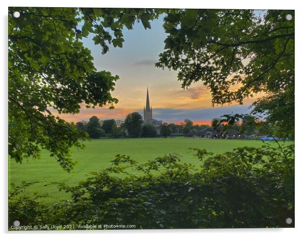 Summer sunset at Norwich Cathedral Acrylic by Sally Lloyd