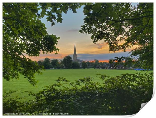 Summer sunset at Norwich Cathedral Print by Sally Lloyd
