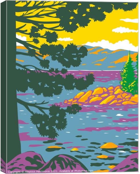Emerald Bay Lake Tahoe in the Sierra Nevada Mountains located in California United States WPA Poster Art Canvas Print by Aloysius Patrimonio