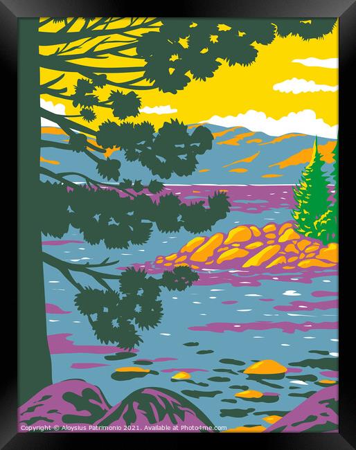 Emerald Bay Lake Tahoe in the Sierra Nevada Mountains located in California United States WPA Poster Art Framed Print by Aloysius Patrimonio
