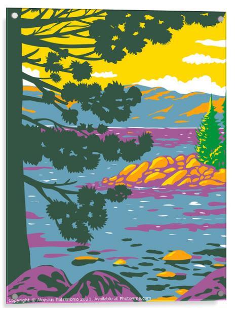 Emerald Bay Lake Tahoe in the Sierra Nevada Mountains located in California United States WPA Poster Art Acrylic by Aloysius Patrimonio