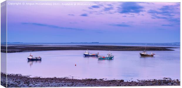 Fishing boats anchored at low tide, Holy Island Canvas Print by Angus McComiskey
