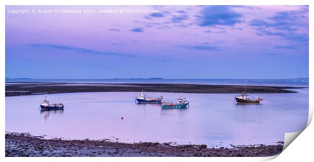 Fishing boats anchored at low tide, Holy Island Print by Angus McComiskey