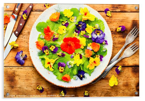 Spring salad with greens and edible flowers Acrylic by Mykola Lunov Mykola