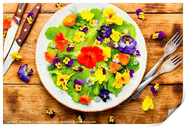 Spring salad with greens and edible flowers Print by Mykola Lunov Mykola