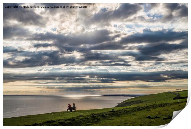 Couple on Bench at Sunset Dunraven Bay South Wales Print by Nick Jenkins