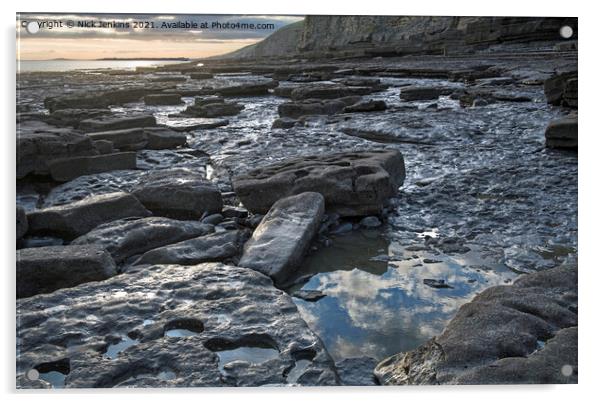 Dunraven Bay Rocks and Reflecting Pools Acrylic by Nick Jenkins