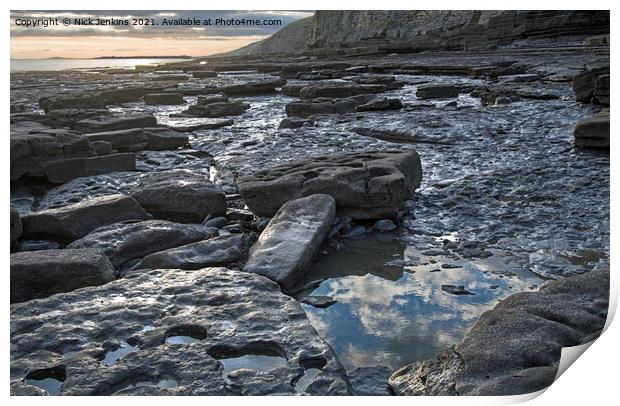 Dunraven Bay Rocks and Reflecting Pools Print by Nick Jenkins