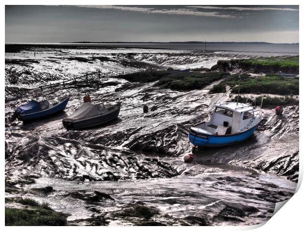 Fishing boats in harbour at low tide Print by mark humpage